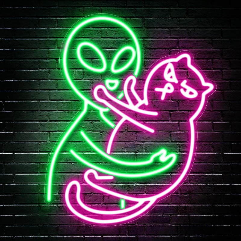 Party Games Best - Uzaylı Kedi Neon Tabelası, Yeşil Uzaylı